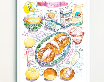 Italian Maritozzi con la Panna recipe print, Rome cream bun watercolor painting poster, Italy kitchen art, European food wall decor, Dessert