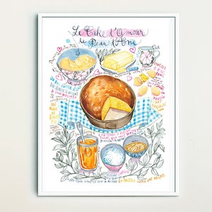 Love Cake recipe from Donkey Skin movie illustration print, Watercolor fairy tale poster, Nursery decor, French kitchen wall art, Bakery