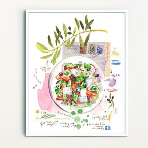 Greek Salad watercolor art print, Kitchen art, Food illustration print, Greece artwork, Mediterranean recipe poster, Greek painting Wall art image 1