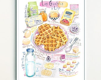 Fluffy Belgian Waffle recipe print, Watercolor painting, European bakery poster, Kitchen decor, Sweet food artwork, Soft color wall art