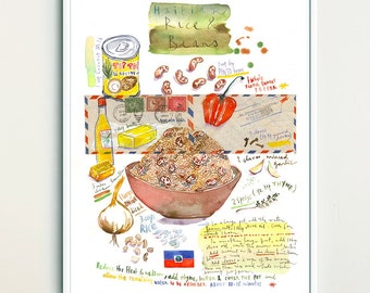 Haïti, Recette illustrée, cuisine haïtienne, Riz et Haricots, Cuisine créole, Aquarelle Grandes Antilles, Illustration Haïti, Dessin recette