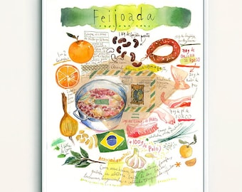 Brazilian Feijoada watercolor recipe painting print, Brazil wall art, South American cuisine poster, Kitchen gift for food lover, Home decor