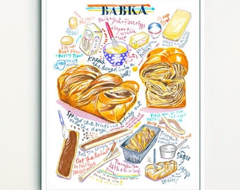 Chocolate Babka recipe print, Watercolor painting, Jewish pastry poster, Eastern European cuisine home decor, Polish kitchen wall hanging