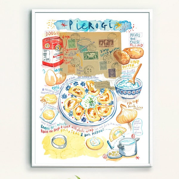 Pierogi recipe print, Polish dumpling poster, Watercolor painting, Poland kitchen wall art, Eastern Europe food artwork, Dining room decor