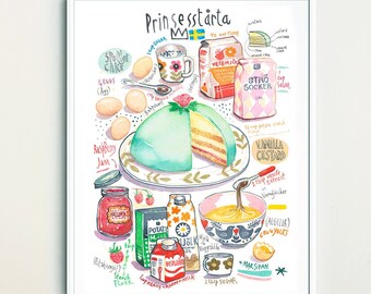 Swedish Princess Cake recipe print, Scandinavian kitchen art, Bake in Sweden, Bright food artwork, Swedish Fika poster, Watercolor painting