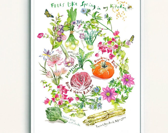Spring Flower and Vegetable poster, Botanical art print, Watercolor painting, Bright kitchen decor, Healthy food artwork, Garden lover gift