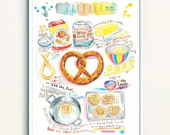 Pretzel recipe print, German food poster, Watercolor painting, Colorful kitchen print, Pretzel art, Germany gift, European cuisine wall art