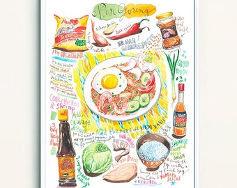 Indonesian Nasi Goreng recipe print, Watercolor painting, Street food art, Asian kitchen decor, Bali national dish poster, Indonesia cooking