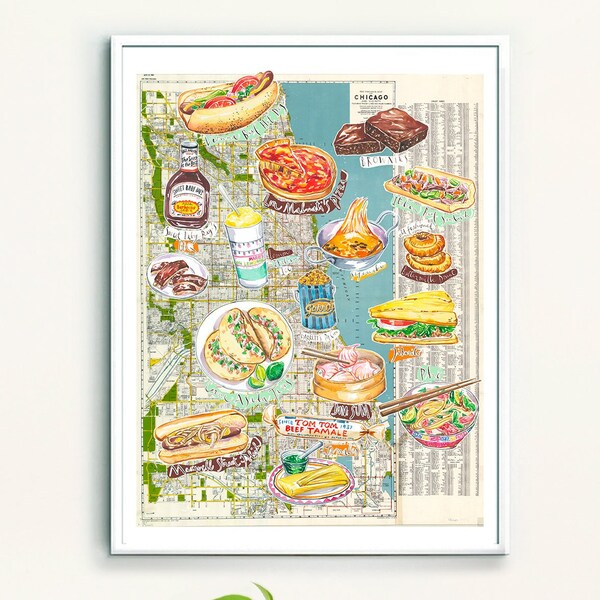 Chicago, Carte de la cuisine de Chicago illustrée à l'aquarelle, Affiche culinaire Illinois, Cadeau voyage États Unis, Décoration cuisine