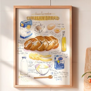 Challah recipe print, Jewish wall art, Watercolor painting, Israeli kitchen decor, Shabbat food poster, Bakery artwork, Bread illustration image 8