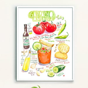 Gazpacho recipe print, Spanish kitchen decor, Andalusian food poster, European cuisine wall art, Tomato watercolor painting, Foodie gift