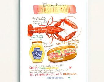 Maine Lobster roll illustrated recipe poster, Food artwork, Watercolor painting, Maine art print, Food illustration print, Kitchen wall art