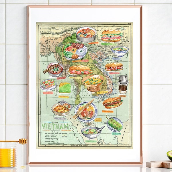 Carte du Vietnam, Illustrations aquarelle Cuisine vietnamienne, Affiche cuisine, Décor cuisine, Cuisine asiatique, Dessin plats vietnamiens