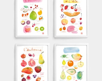 Set of 4 watercolor fruit prints, Seasonal fruit posters, Kitchen print, Colorful wall decor, Painting of fruit, In season food illustration