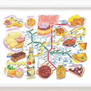 Carte de Prague; Plan de métro et cuisine tchèque, Illustrations aquarelle, Décoration cuisine République Tchèque, Cadeau souvenir de Prague