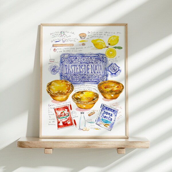 Pasteis de Nata, Recette pâtisserie portugaise, Poster aquarelle, Affiche cuisine Portugal, Cadeau Porto, Décoration restaurant portugais