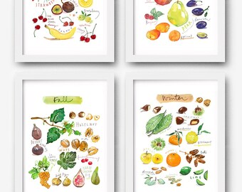 Set of 4 fruit prints, Seasonal food poster, Watercolor painting, Four seasons art, Fruit wall art set, Colorful home decor, Kitchen decor