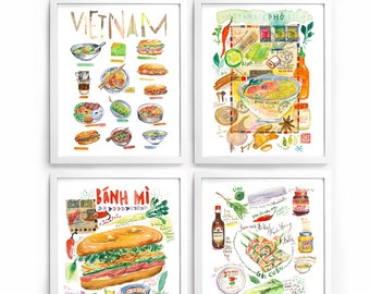 Vietnam wall art, Set of 4 Vietnamese food posters, Vietnam art print set, Asian kitchen wall decor, Watercolor painting, Pho illustration