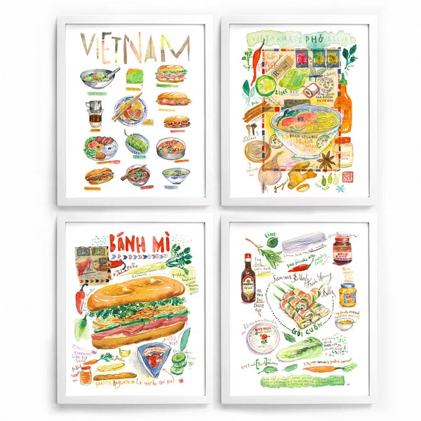 4 aquarelles Vietnam, Décor cuisine vietnamienne, Illustration recette asiatique, art culinaire extrême-orient, Dessins de plats du Vietnam