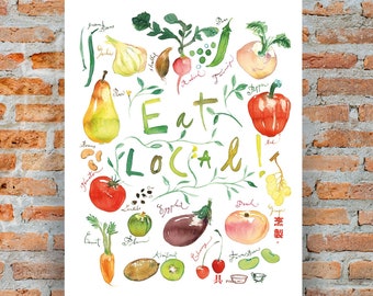 Eat Local kitchen art print, Vegetable Fruit poster, Colorful kitchen print, Green kitchen decor, Kitchen wall art, Watercolor quote poster
