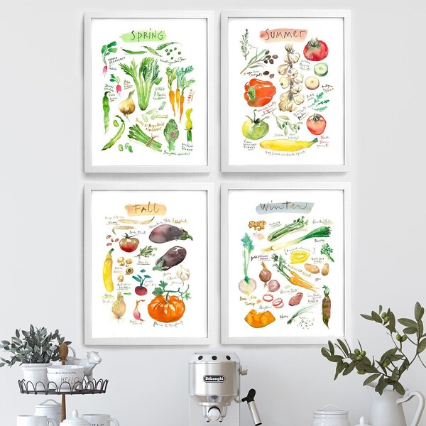 Seasonal vegetable set of four prints, Kitchen wall art, Veggie watercolor painting, Produce posters, Garden lover gift, Eating seasonally