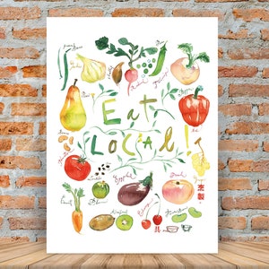 Eat Local kitchen art print, Vegetable Fruit poster, Colorful kitchen print, Green kitchen decor, Kitchen wall art, Watercolor quote poster image 1