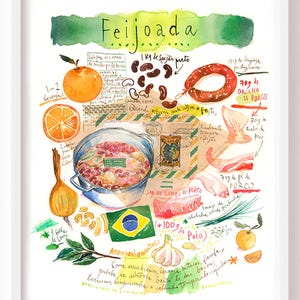 La feijoada, Illustration Recette brésilienne, Décor cuisine, Cuisine du Brésil, Amérique du Sud, Art culinaire, Dessin Recette en portugais