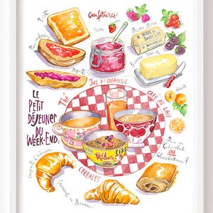 French Breakfast fine art print, Watercolor painting, France travel souvenir, European kitchen wall hanging, French food artwork, Croissant