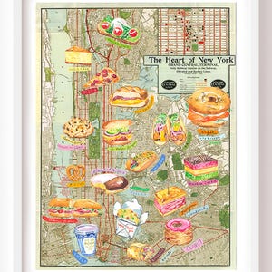 Carte de New York avec illustrations culinaires à l'aquarelle, Affiche cuisine retro, Cadeau pour amoureux de Manhattan, Souvenir USA, Bagel