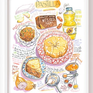 Moroccan Pastilla recipe fine art print, Chicken pie watercolor painting, North African cuisine, Kitchen decor warm color scheme, Food art
