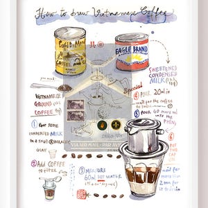 Vietnamese coffee recipe fine art print, Ca Phe Sua Da watercolor painting, Asian kitchen wall art gift, Travel to Vietnam, Restaurant decor