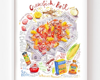 Louisiana food print, Crawfish Boil recipe poster, Watercolor painting, Southern outdoors cooking, New Orleans kitchen art, Cajun cuisine