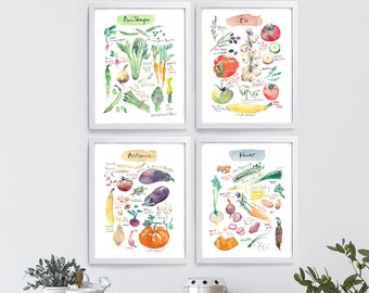 French Set of 4 seasonal food prints, In season vegetable illustration posters, Watercolor painting, Colorful kitchen art, Veggie artwork