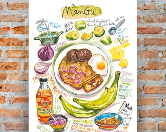 Dominican Mangù Recipe Art Print: Watercolor Caribbean Breakfast Poster, Green Plantain Kitchen Decor
