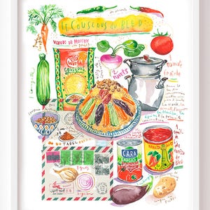 Couscous recipe fine art print, Watercolor painting, Mediterranean food wall art, Colorful Moroccan kitchen decor, Algeria cuisine artwork