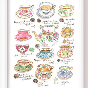 Types of Tea fine art print, Watercolor painting, Colorful kitchen wall art, Tea shop wall decor, Pink dining room artwork, Gift for her