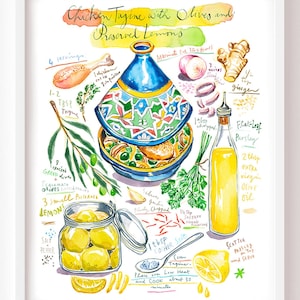 Moroccan Chicken Tagine with olives and preserved lemons recipe fine art print, Mediterranean food watercolor painting, Colorful kitchen art
