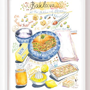 Baklava recipe fine art print, Balkan cuisine watercolor painting, Greece wall art, Kitchen decor, Greek pastry print, Mediterranean dessert