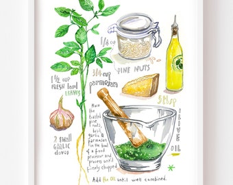 Basil pesto recipe print, Italian kitchen art, Watercolor painting, Green dining room decor, Italy cuisine poster, European food art gift