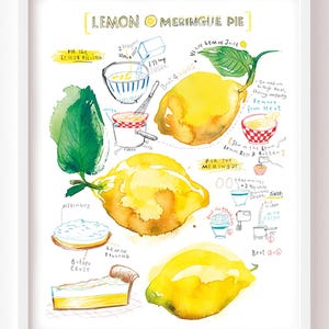 Lemon Meringue Pie recipe fine art print, Watercolor painting, Yellow kitchen wall art, French pastry, Bakery decor, Fruit cake dessert