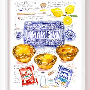 Pasteis de Nata, Recette pâtisserie portugaise, Poster aquarelle, Affiche cuisine Portugal, Cadeau Porto, Décoration restaurant portugais