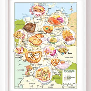 Carte illustrée des plats allemands, Décoration couleurs rétro pour cuisine, Aquarelle Souvenir de voyage à Berlin, Décor mural Allemenagne