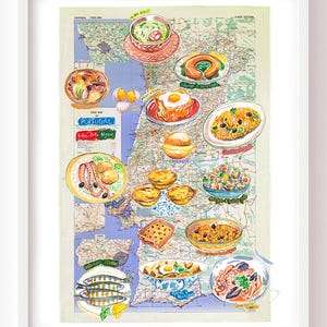 Carte de la cuisine portugaise illustrée à l'aquarelle, Affiche culinaire Portugal, Cadeau nostalgie Lisbonne, Porto, Déco murale cuisine A4