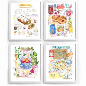 Quatre affiches illustrant à l'aquarelle les plats de la cuisine polonaise: Paczki, Pierogi, Borscht et Makowiec
