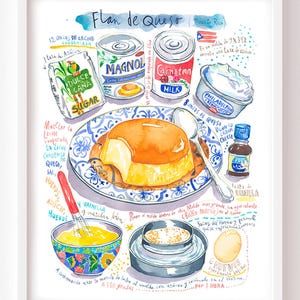 Flan au fromage de Porto Rico, Affiche recette portoricaine illustrée à l'aquarelle, Peinture dessert Caraïbes, Décoration cuisine latino