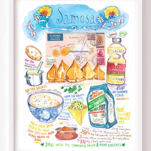 Samosa, Recette illustrée, Aquarelle, Poster cuisine indienne, Décoration murale Inde, Affiche plat indien, Illustration cuisine exotique