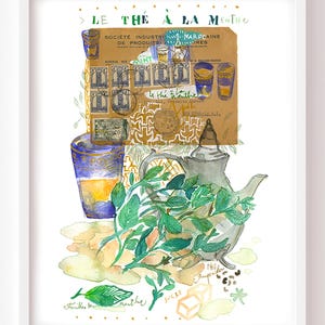 Maghrebi Fresh Mint tea recipe fine art print, Watercolor painting, Middle Eastern Home decor, Kitchen wall art, Moroccan hot drink artwork