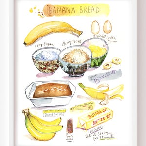 Banana Bread recipe fine art print, Watercolor painting, Yellow kitchen wall art, Food illustration, Bakery artwork gift, Cake shop decor