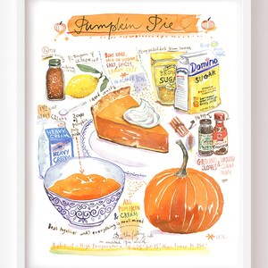 Pumpkin pie recipe fine art print, Watercolor painting, Kitchen wall art, Home gift, Orange kitchen decor, Food illustration, Bakery artwork