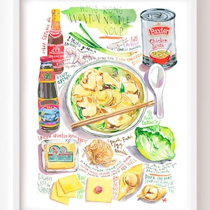 Chinese Noodle Soup recipe fine art print, Watercolor painting, Hong Kong cuisine poster, Colorful kitchen decor, Asian street food wall art